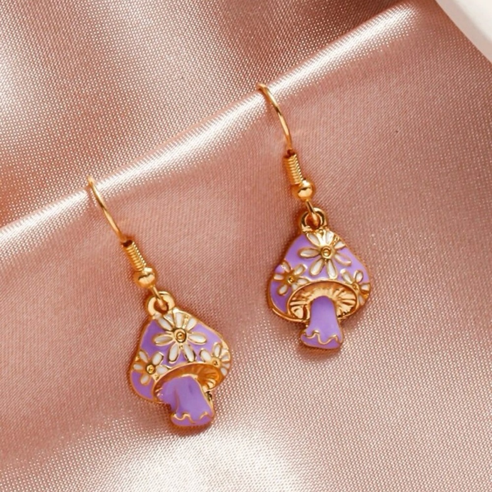 Boho Trendy Purple & Gold Mushroom Dangle Earrings - Picture 3 of 4